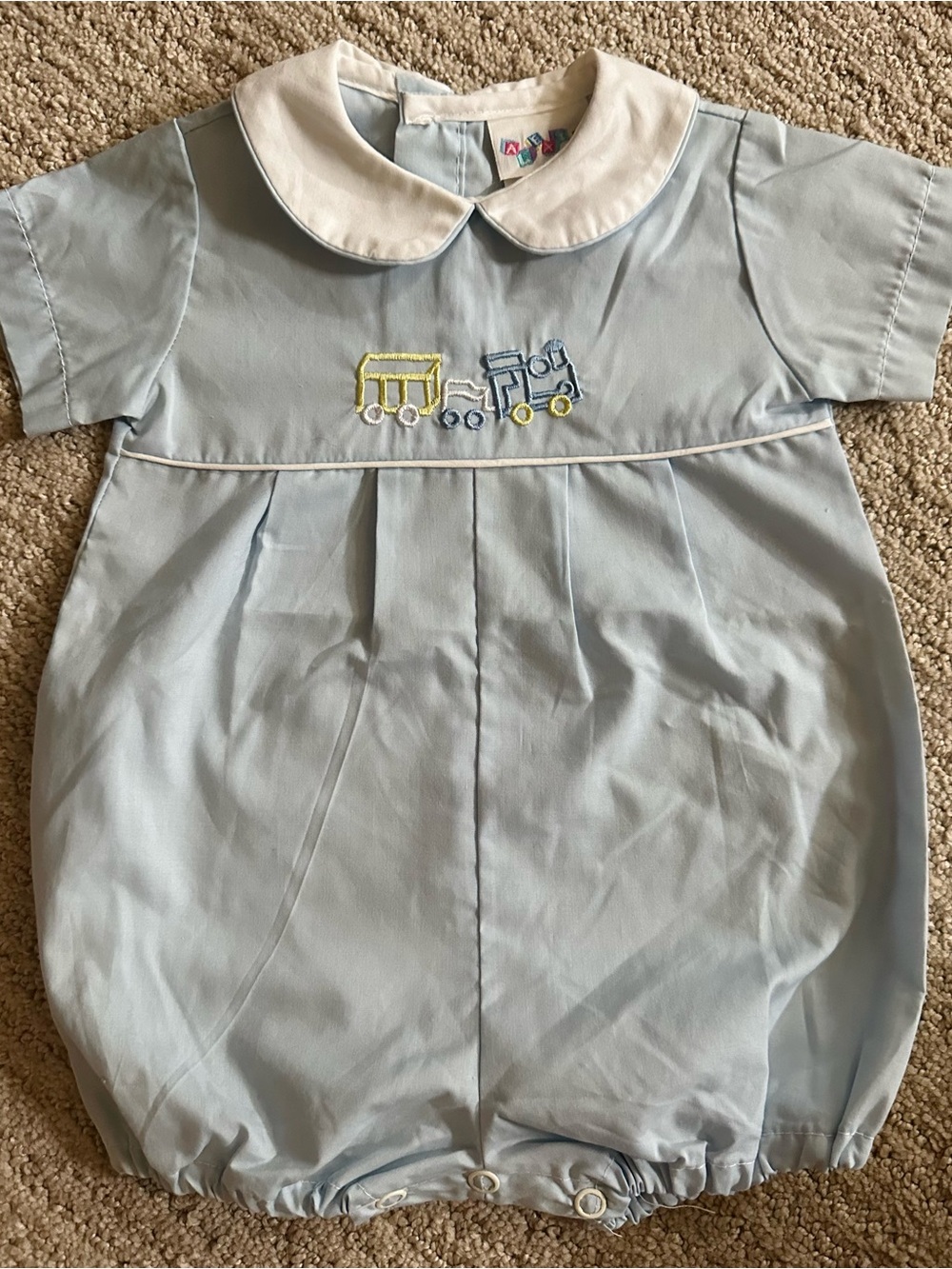 Alexis Light Blue and White Baby Boys One-Piece Romper with Train Embroidery